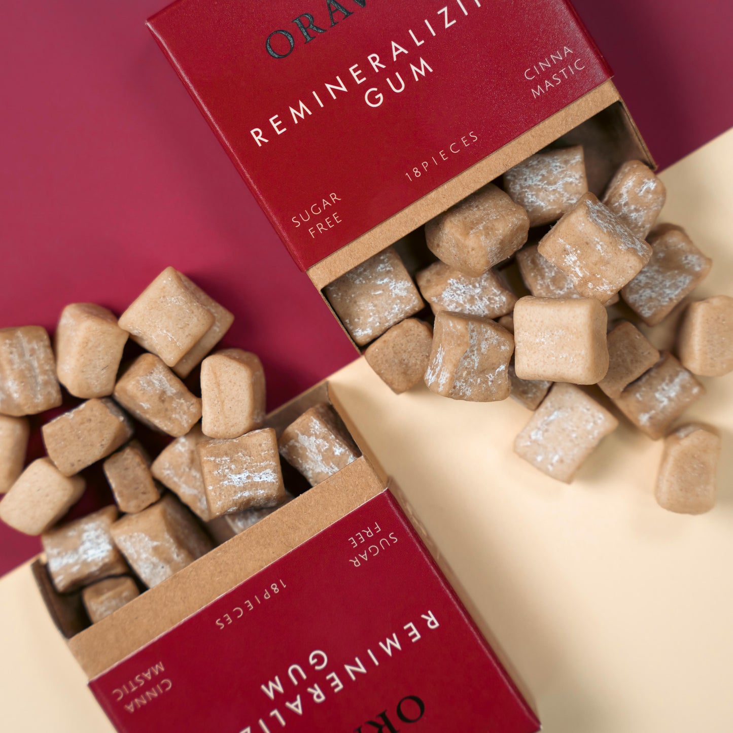A pack of ORAVIIA Cinna-Mastic, an all-natural and sugar-free chewing gum.