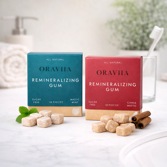 Two packs of Oraviia cinnamon mastic gum for daily oral care.