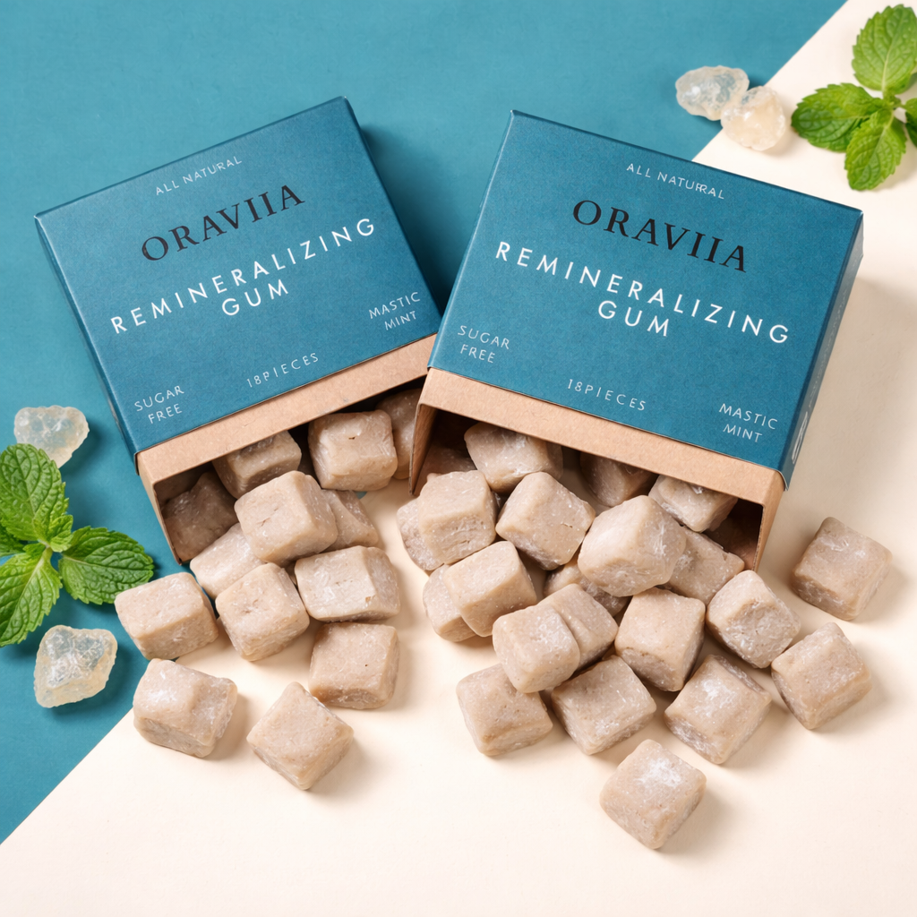 Sugar-free mastic mint chewing gum by Oraviia for oral care and dental wellness