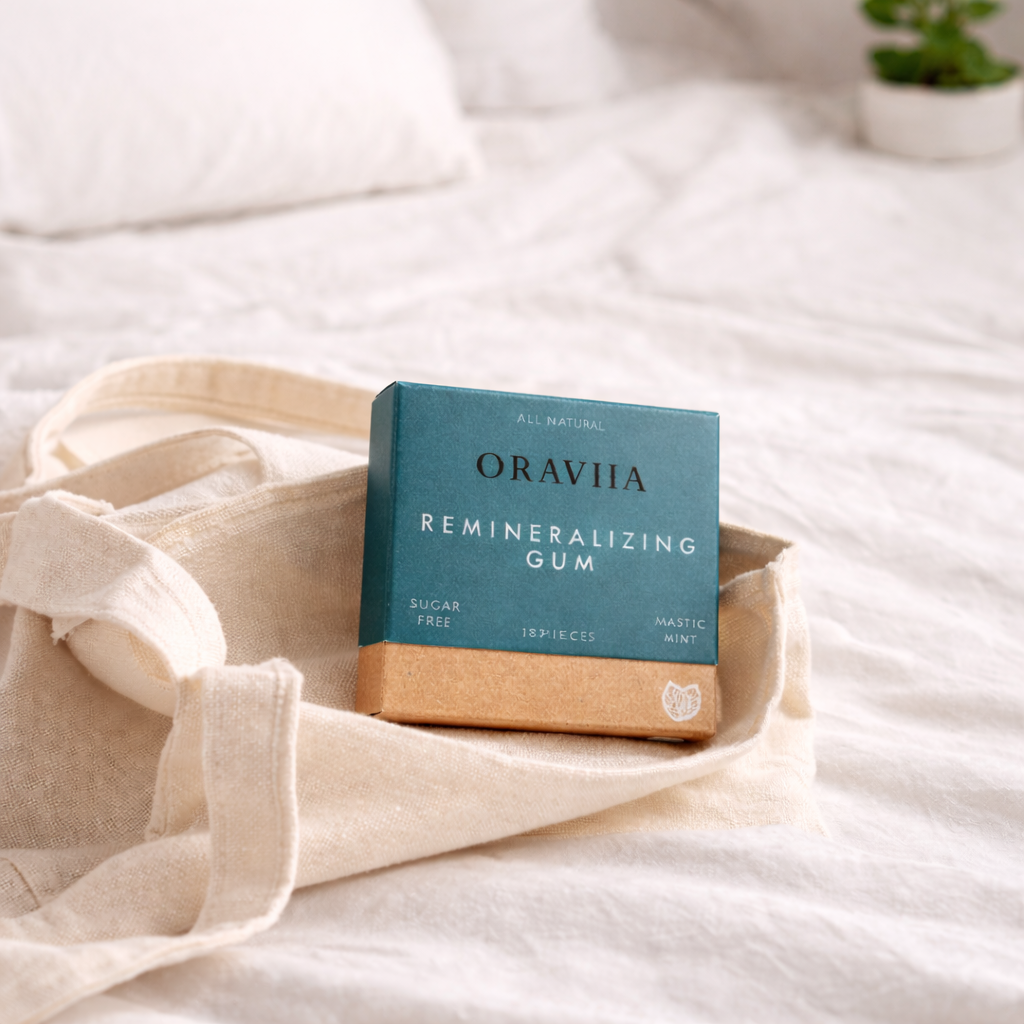 Natural mastic mint oral care gum with remineralizing formula by Oraviia
