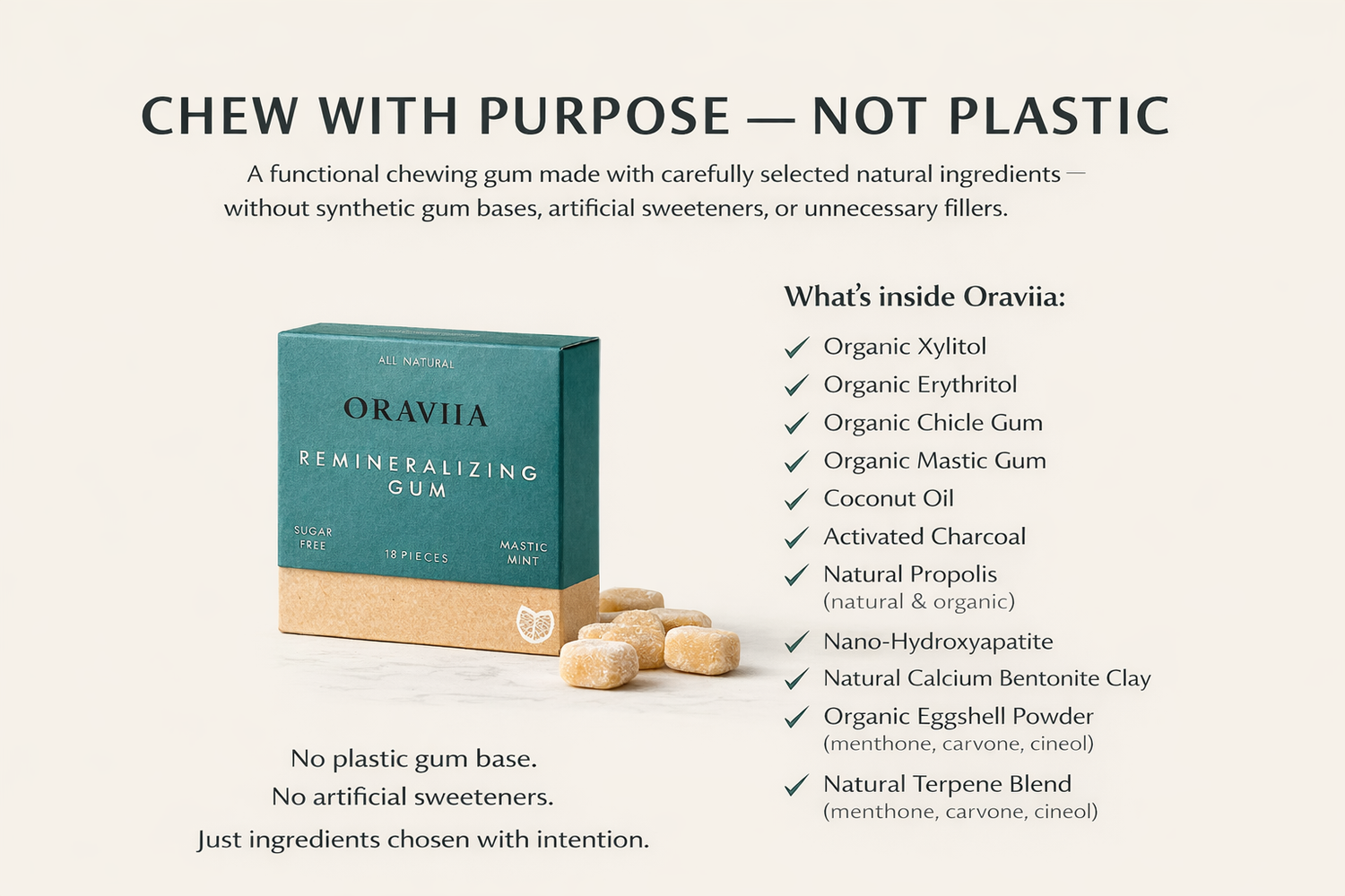 Oraviia sugar-free plastic-free remineralizing chewing gum with nano-hydroxyapatite and natural ingredients in premium packaging