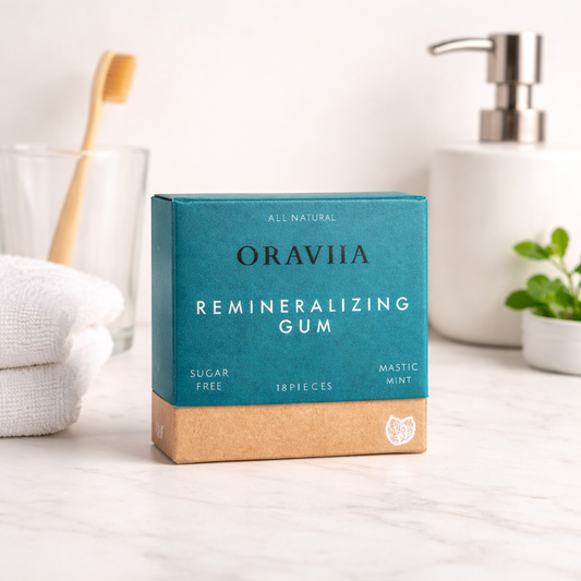 Oraviia remineralizing gum in mastic mint flavor, designed for oral health and fresh breath